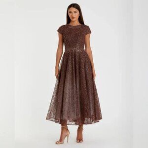 MAC DUGGAL $698 Brown Embellished Cap Sleeve A Line Dress TEA 20371, Size 14